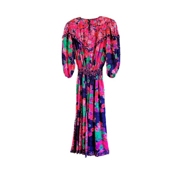 Vintage Diane Freis Original Floral Georgette Dress With Puff Sleeves & Smocked - Picture 3 of 6